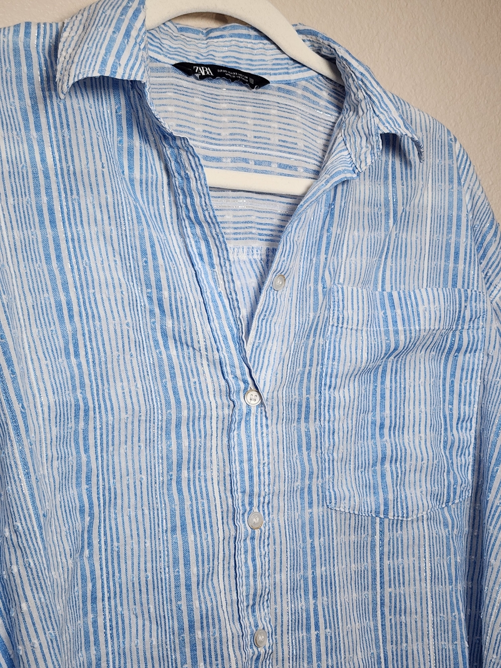 Oversized Button Up Zara Light Blue and White Striped Button Down Shirt - Picture 2 of 11
